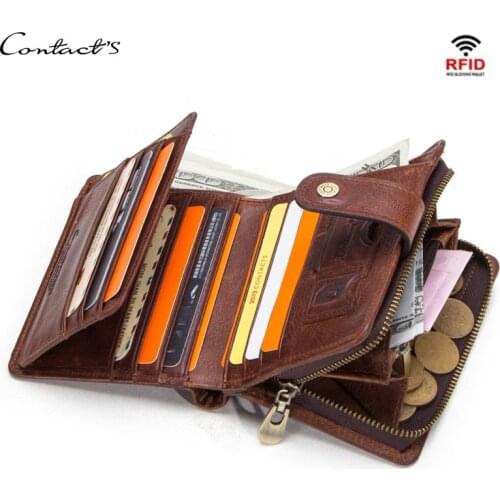 Fashion Business Mens Wallet Anti-theft RFID Purse Mony Bag Zipper Hasp Genuine Leather Coin Purse Card Holder