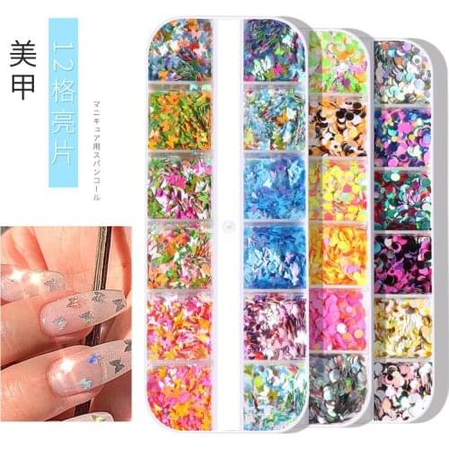 12 Grids Nail Glitter Sequins Butterfly Round Mixed Sizes Nail Art Pailltte UV Gel Decoration Manicure Colorful Glitter Flakes