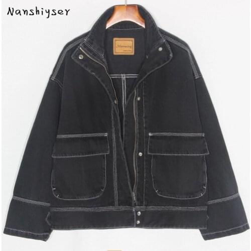 Autumn Loose Vintage Black Denim jacket Women Plus size Stand collar Batwing sleeve Casual Jean jacket Streetwear Ropa de mujer