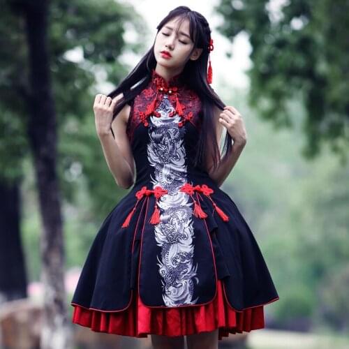 Cute girl lolita dress women sleeveles Chinese style lace silk dragon dress cosplay dress female vintage ball gown dress vestido