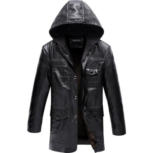 Idopy Winter Warm Men`s Long Faux Leather Jacket With Detachable Hood Fleece PU Faux Leather Trench Coat Jacket Hoodie