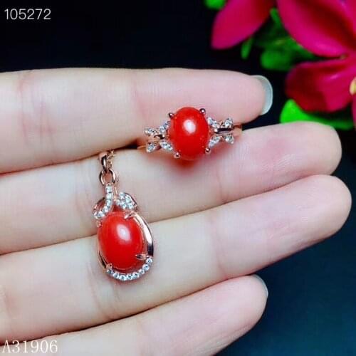 KJJEAXCMY Fine Jewelry 925 sterling silver inlaid natural red coral female necklace chain pendant ring set to support the detect