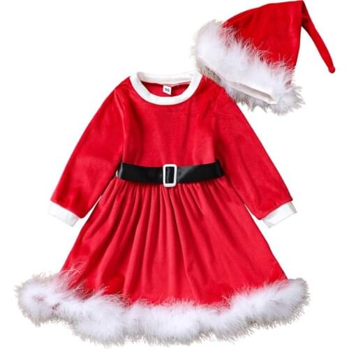 Baby Girl XMAS Fancy Dress Santa Velvet Dress Long Sleeve Feather Decor Belt Ruffle Dress + Hat Party Clothing