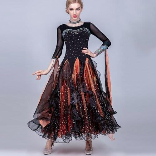 New Professional Dress For Ballroom Dance Latin For Women Rhinestone Sequins Sexy Big Swing Skirt Waltz Tango Dancewear DL3880
