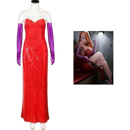 Movie Who Framed Roger Rabbit Jessica Cosplay Dress High Split Red Sequined Dresses with Purple Gloves Halloween Cosplay Outfits