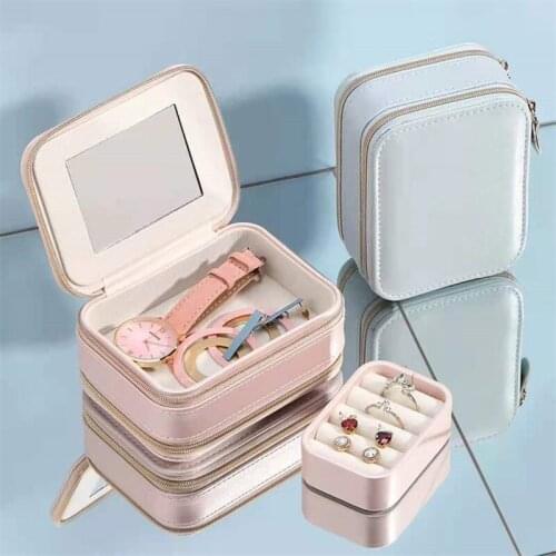 Exquisite PU Leather Double Zipper Portable Jewelry Storage Box Necklace Ring Earring Jewelrys Box Lipstick Makeup Box Dust Boxs