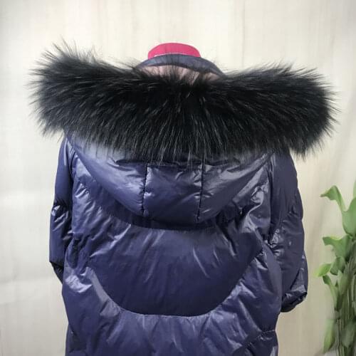 Qearlstar Real Raccoon Fur Collar 100% Natural Fur Scarf 75*12cm Cyan Fluffy Jackets Hooded Scraves Winter Clothes Accessories