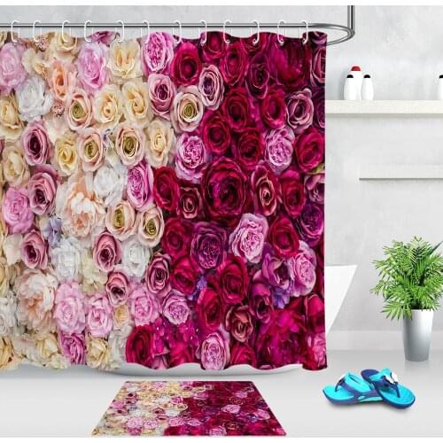 Rose Flower Floral Print Valentines Day Shower Curtain Bathroom Waterproof Fabric Bath Curtain Bathroom Set Home Decoration