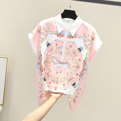 Womens Blouse Casual Girls Polo Shirt New Loose Plus Size Short Sleeve Print Chiffon Blusas Retro Office Lady Top Houthion