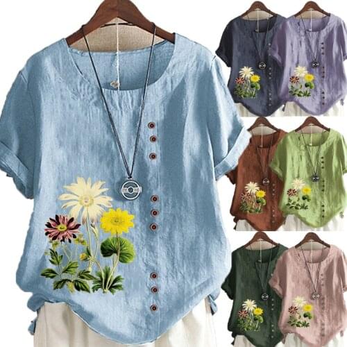 Womens New Summer Fashion Casual Linen Shirt Round Neck Flowers Printing T-shirt Short Sleeve Tops Loose Blouse S-5XL