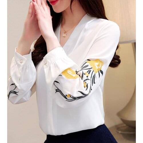 Womens Spring Autumn Style Chiffon Blouse Shirt Womens V-neck Embroidery Button Long Sleeve Elegant Slim Tops DD8425