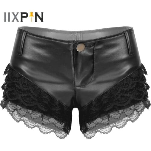 Womens PU Leather Lace Patchwork Shorts Fashion Low Waist Button Sexy Pants Clubwear Erotic Sexy Shorts Pants