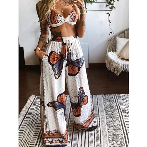 Two Piece Sets Women 2021 Summer Butterfly Print Pants Set Sleeveless Crop Top + Loose Wide Leg Pants Casual Boho Sexy 2Pcs Sets