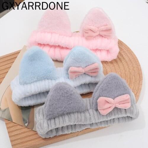 2021 Women Girls Turban Cat Ear Cartoon Hairband Elastic Headdress Hair Accessories Coral Fleece Bowknot Wash Face Hair Holder
