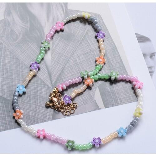 Wholesale Women Resin Necklace New Rainbow Za Vintage 2021 Cute Flower Necklace Statement Choker Neck Chain Jewelry Gift