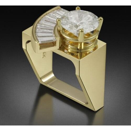 Unique Women Party Ring Princess Cut Yellow Gold Color Geometric Zircon Anniversary Birthstone Engagement Wedding Jewelry