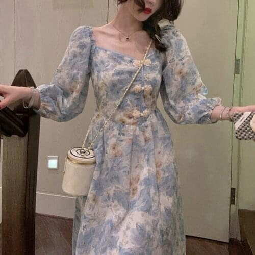 Party Midi Vintage Dress Women Autumn 2021 Korean Princess Floral Elegant Dress Female Long Sleeve High Waist Casual Sweet Dress