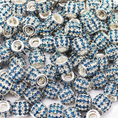 10Pcs Large Hole Blue Crystal Rhinestone Ball Spacer Beads for Women Girls Jewelry Making Bracelet Bangle Hair Beads Necklace