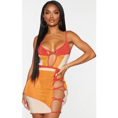 2 Pcs Women Color Block Outfits Ladies Sexy Set Hollow-out V-neck Spaghetti Strap Bodysuit + See-through Mesh Skirt