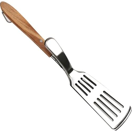 2 In 1 Spatula Stainless Steel BBQ Tongs Spatula Multipurpose BBQ Clamp Turner Grilling Spatula Griddle Scraper Wooden Handle