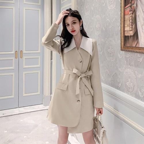 2019 Autumn New Long-sleeved Suit Dress Solid Color Long-sleeved Slim Belt Double-breasted V-neck Womens Clothing