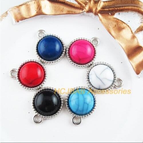 24Pcs Dull Silver Plated Retro Round Charms Mixed Acrylic Pendants 15.5x19mm