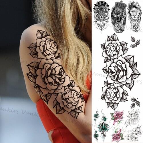 Large Rose Flower Leaf Temporary Tattoos For Women Girls Realistic Tiger Lion Lotus Fake Tattoo Sticker Body Tatoos Arm