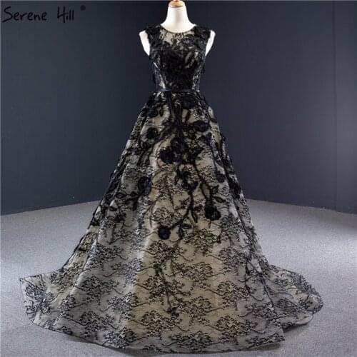 Black Sleeveless Lace A-Line Evening Dresses 2020 O-Neck Handmade Flowers Sexy Formal Evening Gowns Serene Hill BHM67030