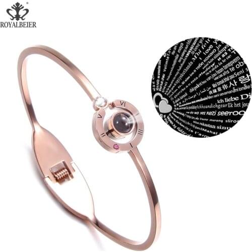 RoyalBeier Valentines Day 100 Languages I Love You Women Rose Gold Alloy Bracelet For Memory Lovers Bangle Romantic Jewelry