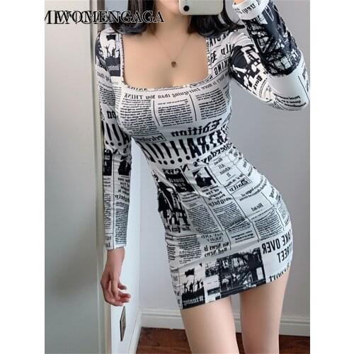 Europe Hot-selling Printed Newspaper Sexy Mini Dress 2020 Autumn New Fashion Street Shooting Slim Girl Female Square Collar ZW0