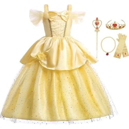Findpitaya Girls Belle Three Dimensional Flowers Beauty and beast Dress Cosplay Party Christmas Custome