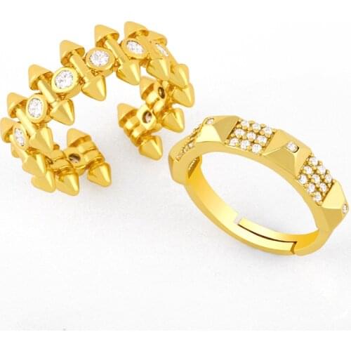 FLOLA Gold Vermeil Awl Open Cuff Rings For Women Adjustable White Stone Finger Ring CZ Pave Zirconia Wholesale Jewelry rigk51