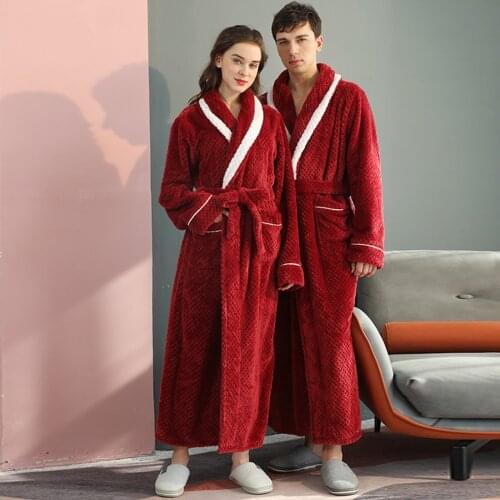 Winter Women Man Robe Pijama Pocket Breathable Flannel Unisex Bathrobe Night Long Splicing Soft SPA Belt Sleepwear Korean 2021