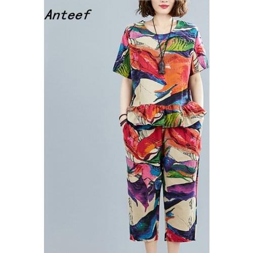 Cotton plus size vintage floral summer casual 2 two piece set loose tee t shirt women t-shirt ladies tshirt 2021 tops pants