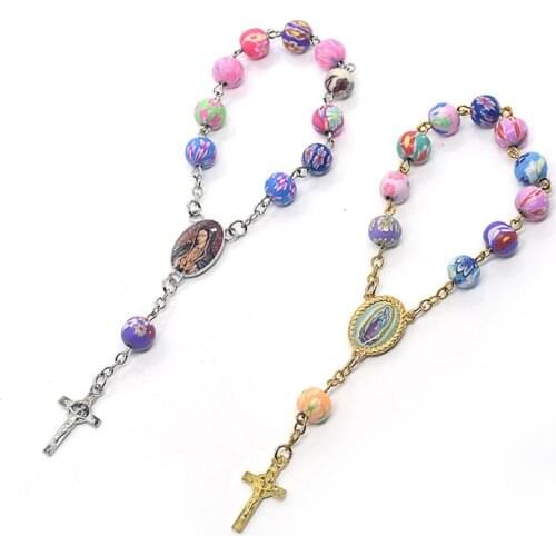 Catholic Rosary Bracelet Colorful Faience Clay Beads Favor Christening Bracelets Shower Baptism Souvenir Jesus Crucifix Cross