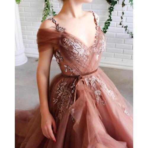 Coffee V Neck High Slit Evening Dresses Prom Appliques with Beads Off The Shoulder Vestidos De Fiesta Robe De Soiree Plus Size