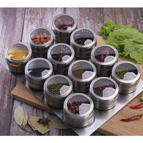 LMETJMA Magnetic Spice Jar Set With Stickers Stainless Steel Spice Tins Spice Storage Container Pepper Seasoning Sprays Tools