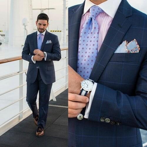 Handsome Men Tuxedos Classic Notched Lapel Slim Fit Check Blazer Smart Casual Grooms Party Prom Wedding Plaid Suits 2 Pieces Set