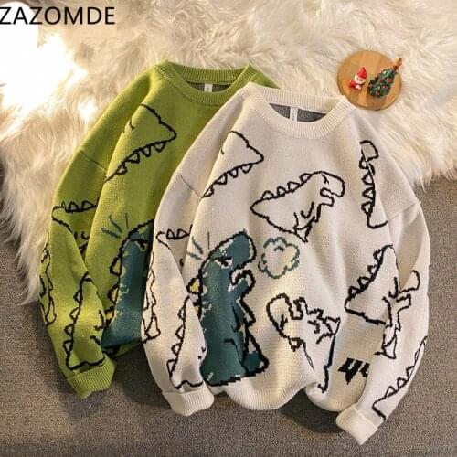 ZAZOMDE Harajuku Fashion Knitted Women Man Sweater Cute Cartoon Dinosaur Pullover Sweaters 2021 Fashion Streetwear Jumper Pull