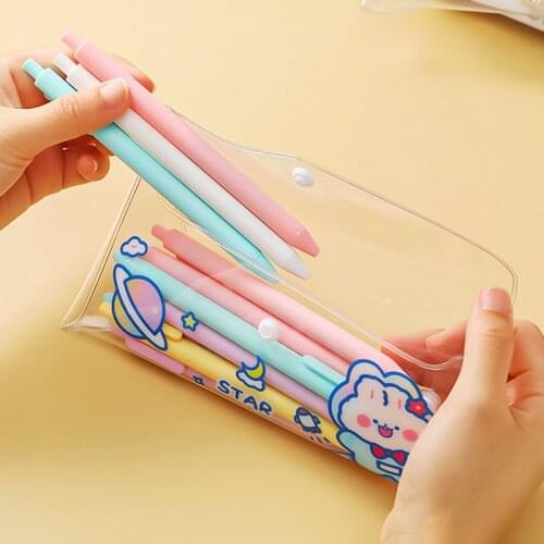 Cartoon Transparent Waterproof Snap Buckle Pencil Case PVC Stationery Storage Bag Children Student Supplies Desk Accessories