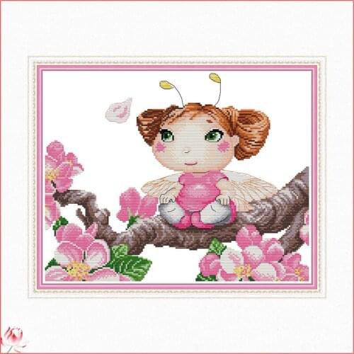 Bee Fairy On Peach Cross Stitch Kit 14CT 11CT Canvas Printed Fabric Embroidery Kit DIY Needlework Sewing Set Home Deco Painting