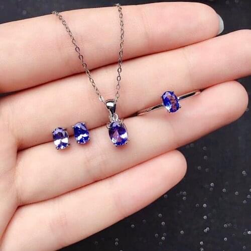 Simple Tanzanite Ring Earrings Pendant Set for Daily Wear 4*6mm 100% Natural Tanzanite Jewelry Set 925 Silver Tanzanite Jewelry