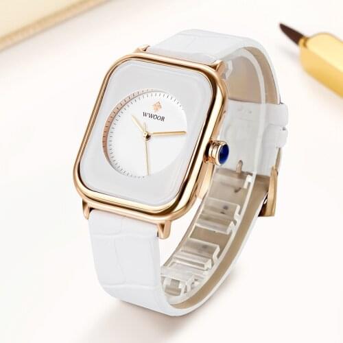 2021 New Fashion Designer Watch Women WWOOR White Leather Square Ladies Dress Wristwatches Gift and Box Reloj Mujer Montre Femme