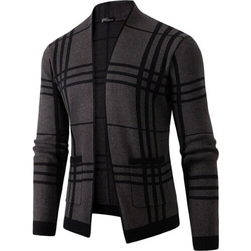 New European and American Style Spring and Autumn Mens Classic Plaid Knitted Cardigan Sweater Casual Large Long Sleeve Jackets