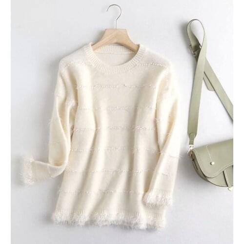 2021 autumn and winter new fashion all-match round neck long-sleeved solid color fringed striped long-sleeved sweater women