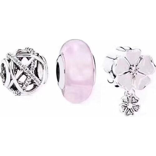 NEW 100% 925 Sterling Silver Natural Flower Daisy Glass Beads Charm Set Retro Charming Gift Women Original Jewelry