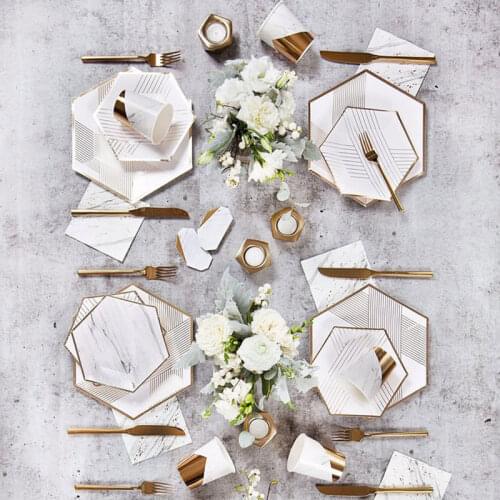 Gold Foil Stripe Dot Disposable Tableware Party Paper Plates Cups Baby Shower Favor Paper Drinking Straws Wedding Supplies