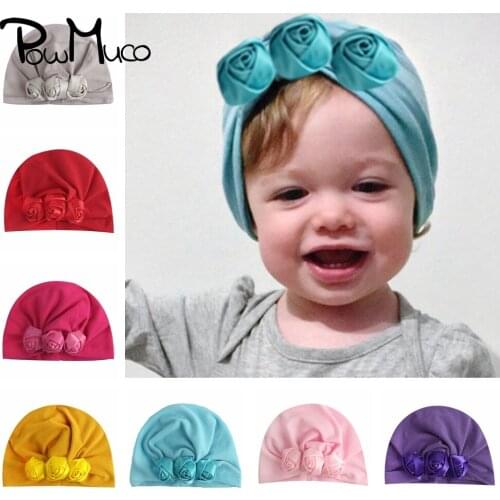 Powmuco 18.5*12 CM Solid Color Cotton Blends Baby Girls Hats Fashion Handmade Rose Flowers Caps Newborn Headwear Festival Gifts