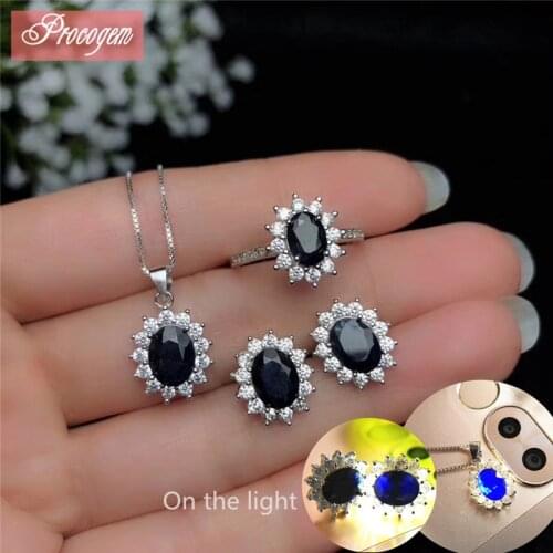 Natural Sapphire Jewelry sets for Women 6x8mm Genuine gemstone Necklace/Ring/Stud Earrings fine Jewelry S925 18K Whitegold #110