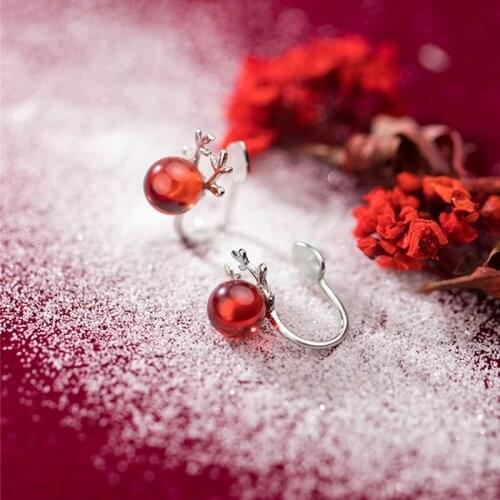 Christmas Jewelry 925 Sterling Silver Strawberry Crystal Antler Deer Clip on Earrings Without Piercing Small Ear Clip for Girls